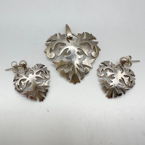 Vintage Cut Out Heart Pendant & Earrings Set Ster. Silver 925 Signed J. Rogers - Picture 2 of 13